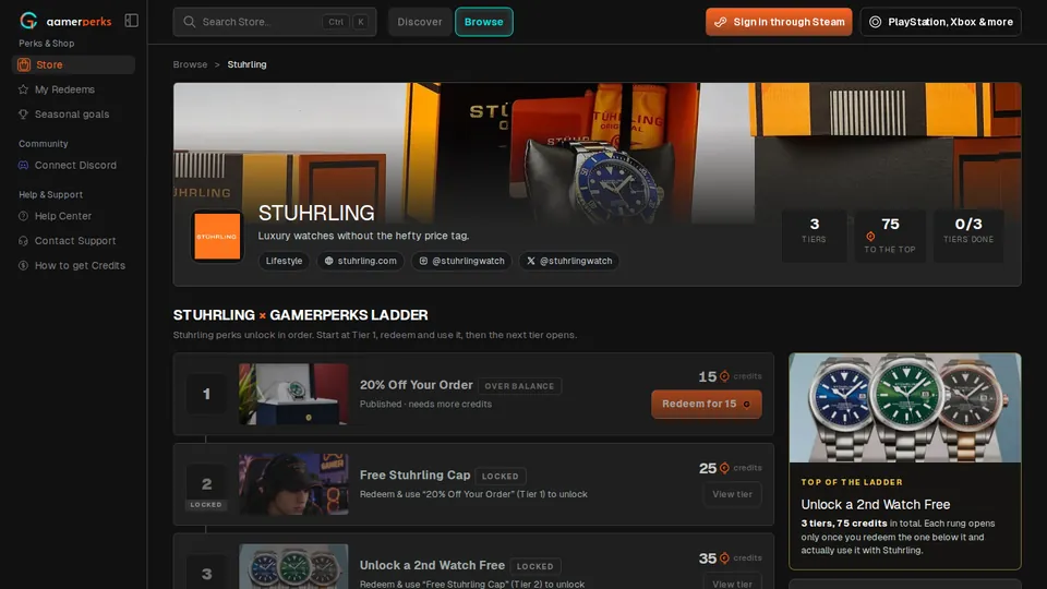 A brand page on Gamerperks: banner, ladder of tiers with costs, and the brand’s story